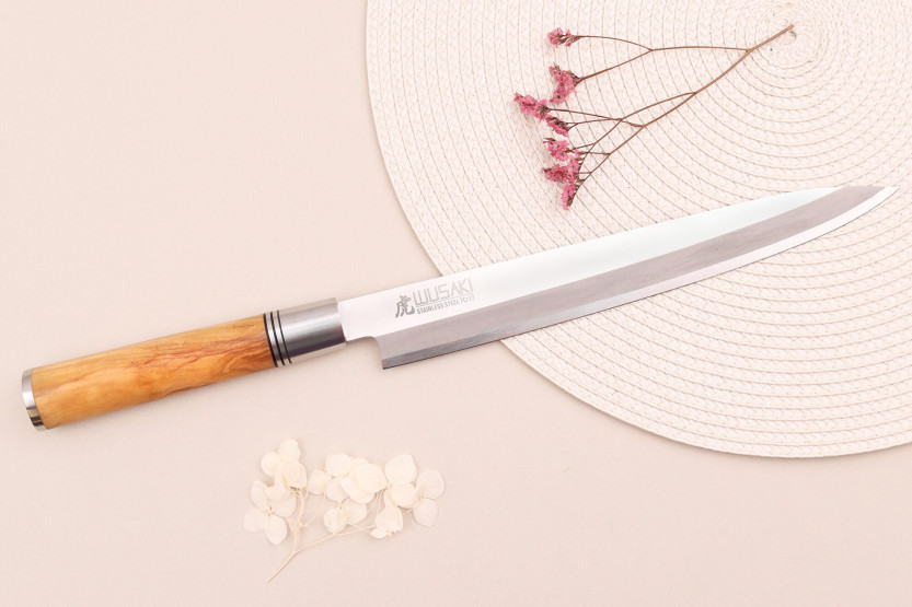 Yanagiba knife 24cm Wusaki Olive 7Cr olive wood handle + saya