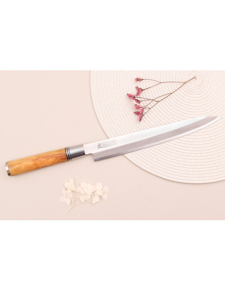 Coltello Wusaki Olive 7Cr yanagiba da 24 cm con manico in legno d'oliva + saya