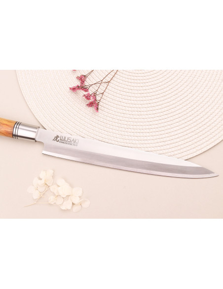 Yanagiba knife 24cm Wusaki Olive 7Cr olive wood handle + saya