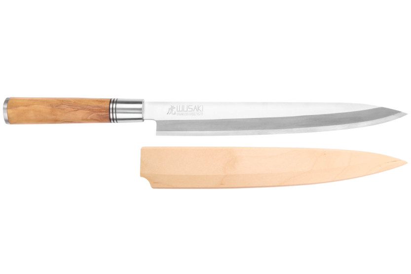 Coltello Wusaki Olive 7Cr yanagiba da 24 cm con manico in legno d'oliva + saya