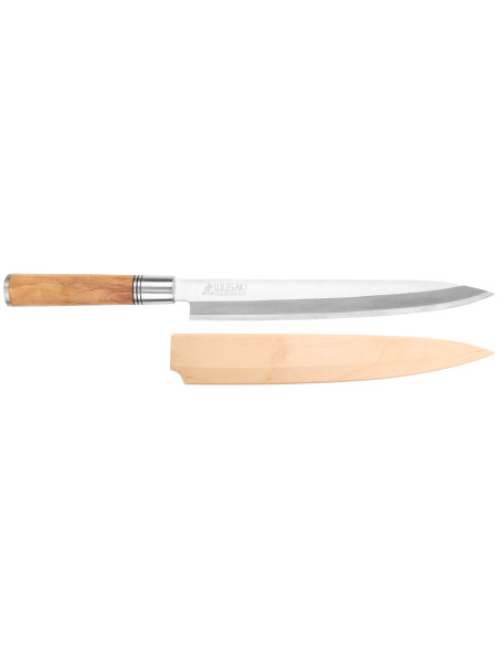 Coltello Wusaki Olive 7Cr yanagiba da 24 cm con manico in legno d'oliva + saya