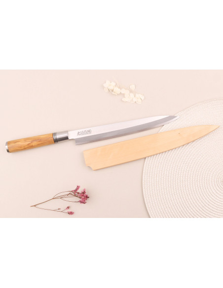 Coltello Wusaki Olive 7Cr yanagiba da 24 cm con manico in legno d'oliva + saya