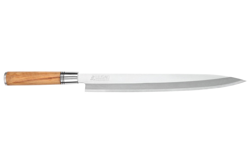 Yanagiba-kniv 30 cm Wusaki Olive 7Cr håndtak i oliventre + saya