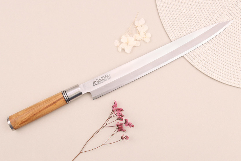 Yanagiba knife 30cm Wusaki Olive 7Cr olive wood handle + saya