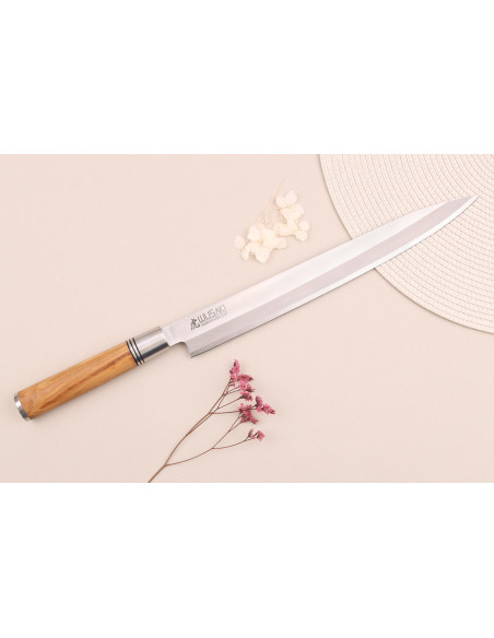 Coltello Yanagiba 30cm Wusaki Olive 7Cr manico in legno d'oliva + saya