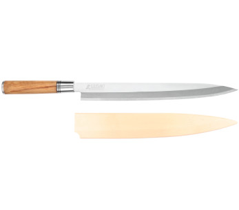Yanagiba-kniv 30 cm Wusaki Olive 7Cr håndtak i oliventre + saya