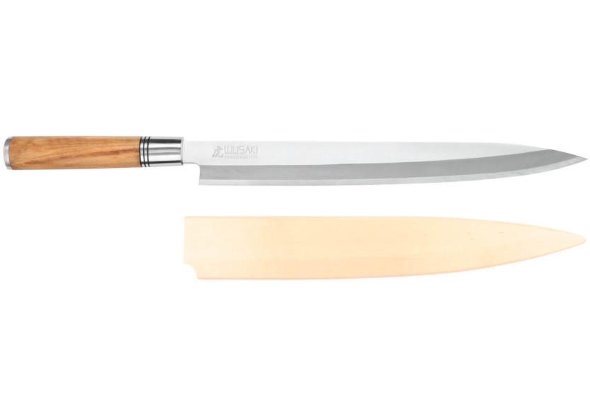Cuchillo Yanagiba 30cm Wusaki Oliva 7Cr mango de madera de olivo + saya