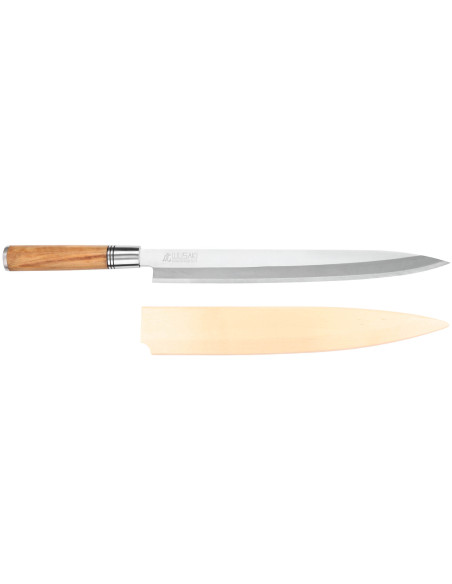 Faca Yanagiba 30cm Wusaki Olive 7Cr cabo em madeira de oliveira + saya