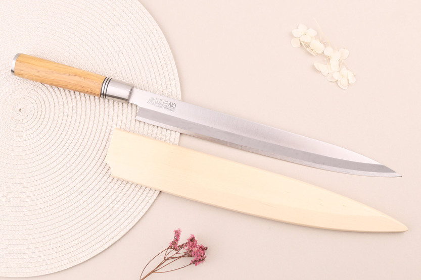 Yanagibakniv 30cm Wusaki Olive 7Cr olivträhandtag + saya