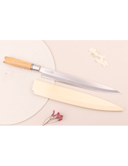 Yanagiba kniv 30cm Wusaki Olive 7Cr håndtag i oliventræ + saya
