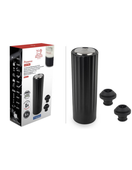 Bomba de vacío automática eléctrica Peugeot Preserve en ABS negro 14cm + 2 tapones