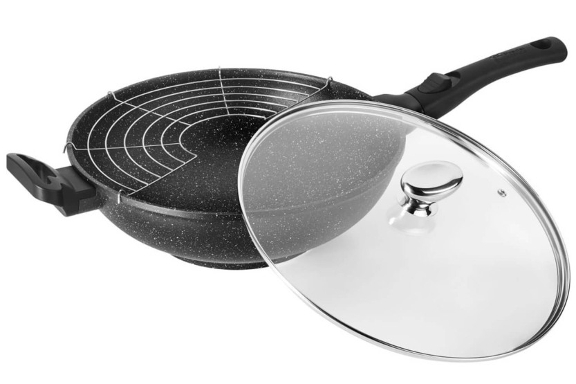 Wok de ferro fundido Pradel Excellence Premium de 32 cm, estilo pedra, todos os queimadores/indução