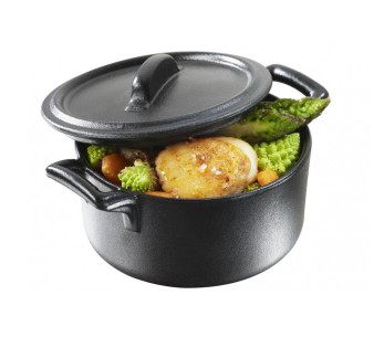 Revol Belle Cuisine 20cl pyöreä kattila, jossa on musta valurautaefektinen kansi. 2