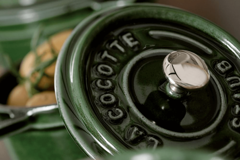 Staub round cast iron mini casserole enamelled basil green 10cm