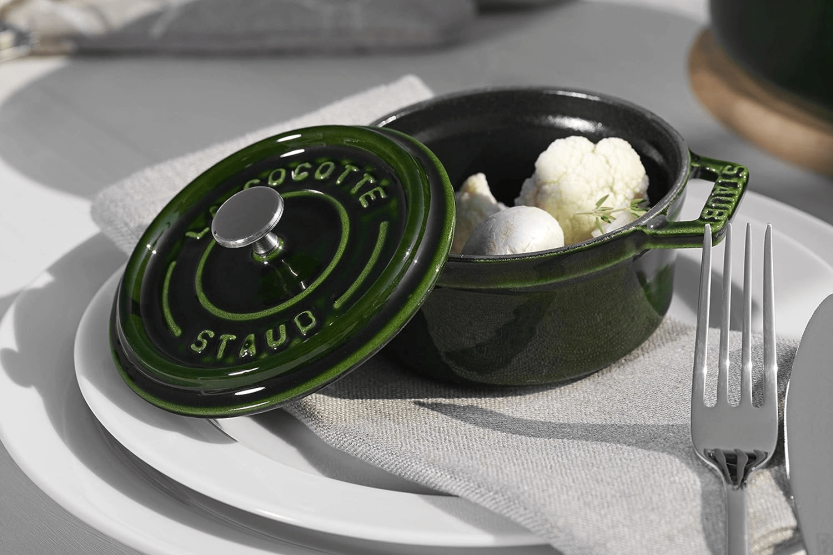 Staub round cast iron mini casserole enamelled basil green 10cm