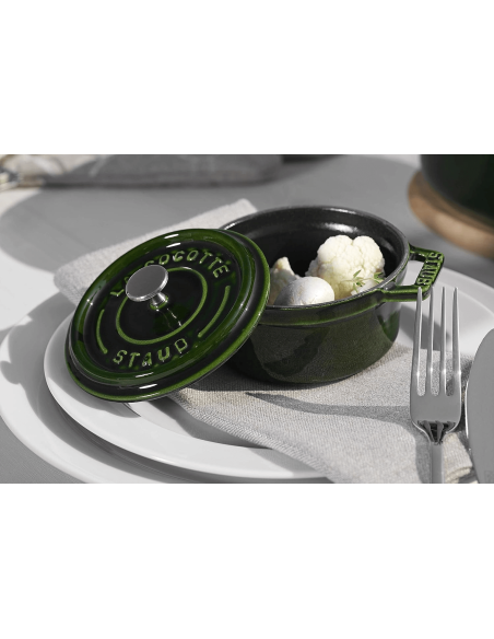 Staub round cast iron mini casserole enamelled basil green 10cm