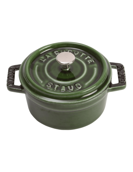 Staub round cast iron mini casserole enamelled basil green 10cm