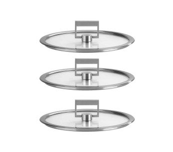 Set om 3 Cristel Strate Fixe 16 till 20 cm platta lock av härdat glas med gångjärnsförsedd knopp
