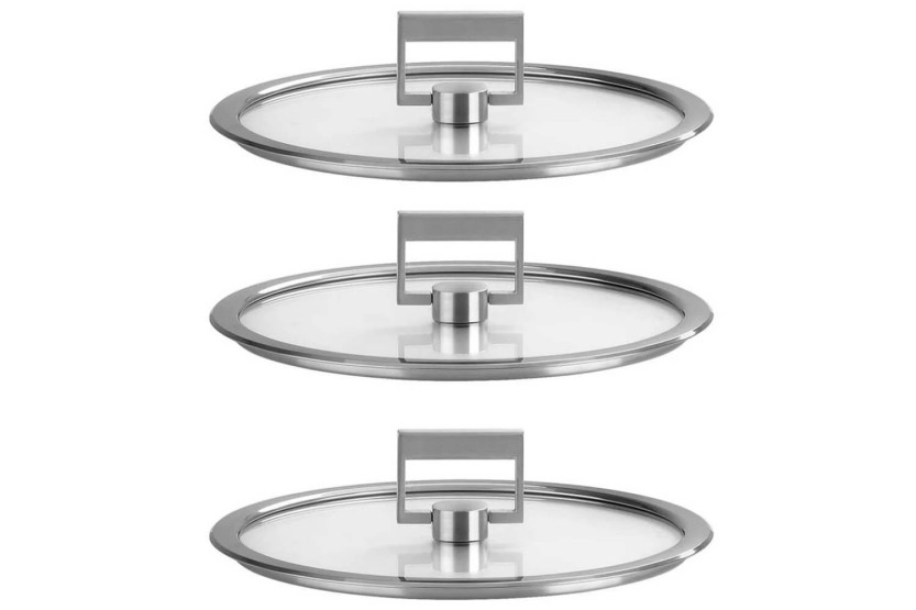 Set di 3 coperchi piatti in vetro temperato Cristel Strate Fixe da 16 a 20 cm con pomolo a cerniera