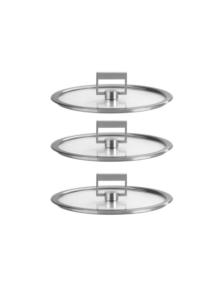 Set of 3 Cristel Strate Fixe 16 to 20cm tempered glass flat lids with hinged knob