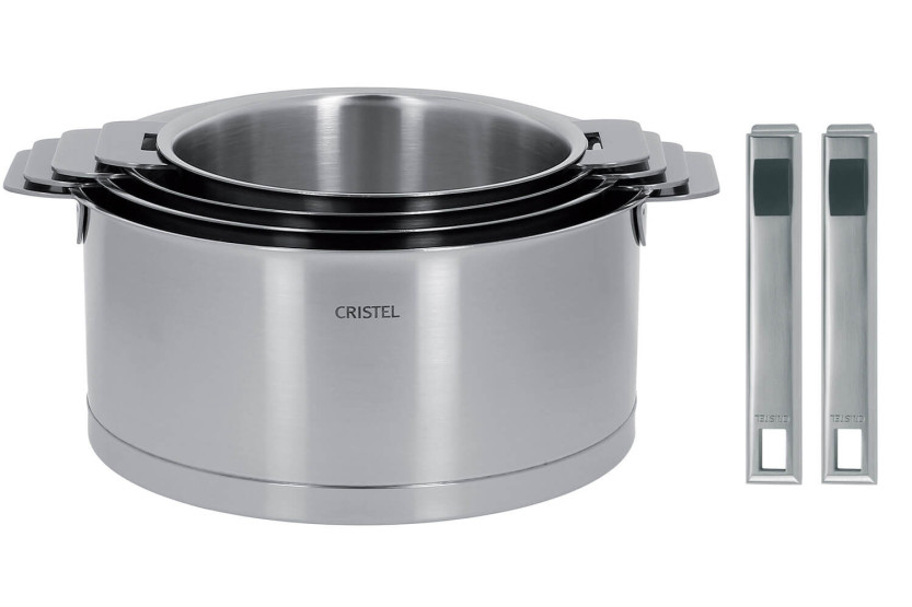 Set of 4 Cristel Strate Amovable pans in 18/10 stainless steel + 2 Strate inox handles