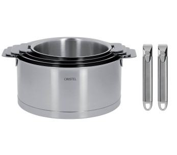 Set med 4 Cristel Strate Amovable-kastruller i 18/10 rostfritt stål + 2 Zenith-handtag