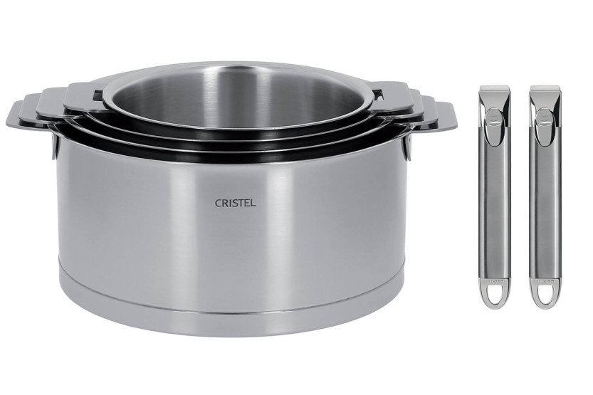 4 Cristel Strate Amovable -pannusarja, 18/10 ruostumatonta terästä + 2 Zenith-kahvaa.