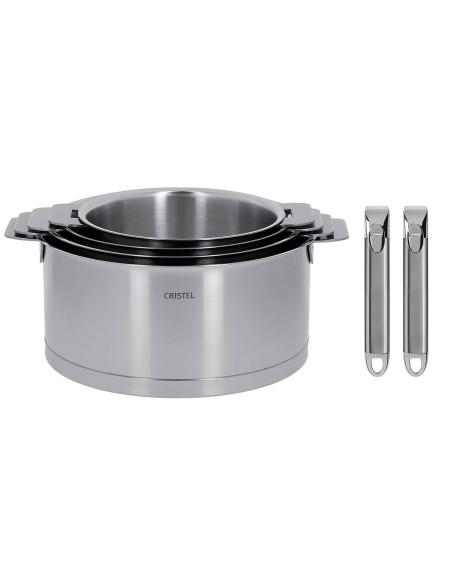 Set of 4 Cristel Strate Amovable saucepans in 18/10 stainless steel + 2 Zenith handles
