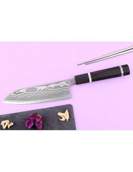 16,5cm Japanese santoku knife Yuzo SG2 Damascus Kankou Silver
