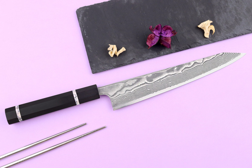 Faca Sujihiki kiritsuke 24cm artesanal japonesa Yuzo Kanko Damascus SG2