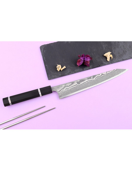 Sujihiki kiritsuke mes 24cm handgemaakt Japans Yuzo Kanko Damascus SG2