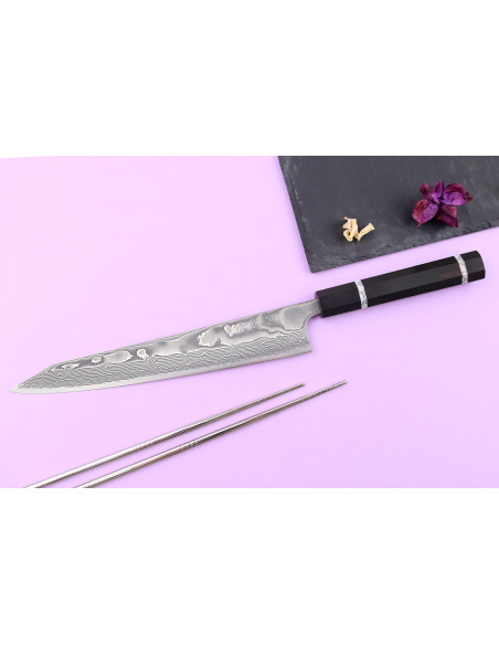 Sujihiki kiritsuke cuchillo 24cm hecho a mano japonés Yuzo Kanko Damasco SG2