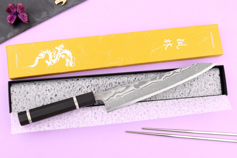 Faca Sujihiki kiritsuke 24cm artesanal japonesa Yuzo Kanko Damascus SG2