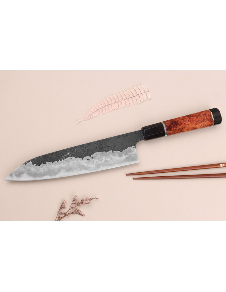 Kisuke Manaka Enn 21cm cuchillo de chef japonés hecho a mano en madera de membrillo con 2 anillos