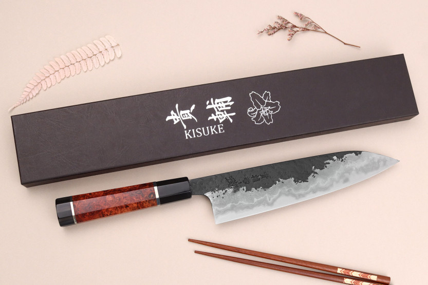 Coltello da cuoco giapponese fatto a mano Kisuke Manaka Enn 21 cm in legno di cotogno con 2 anelli