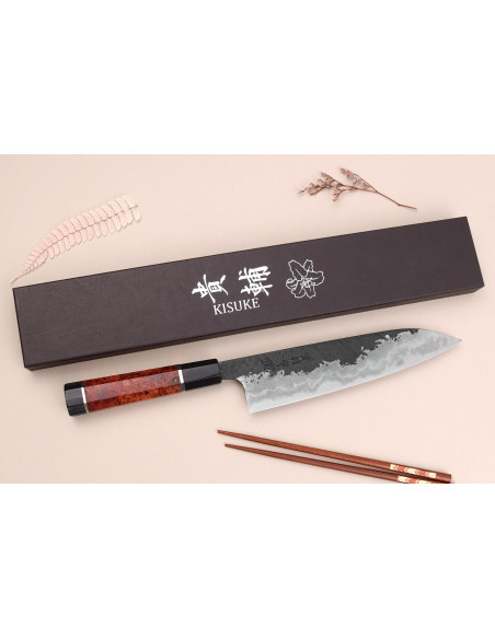 Kisuke Manaka Enn 21cm cuchillo de chef japonés hecho a mano en madera de membrillo con 2 anillos