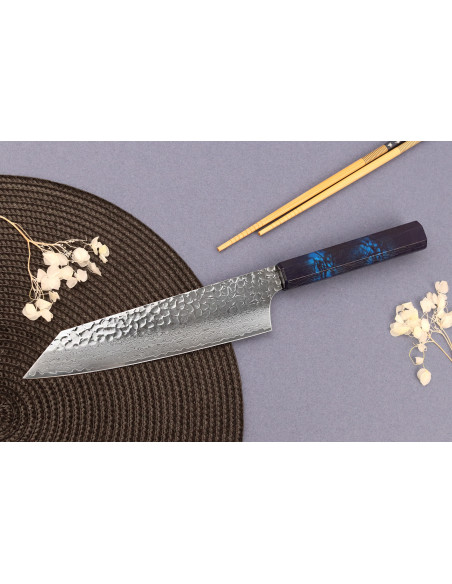 Faca japonesa kiritsuke Sakai Takayuki Kashi Urushi VG10 com cabo azul damasco de 19 cm