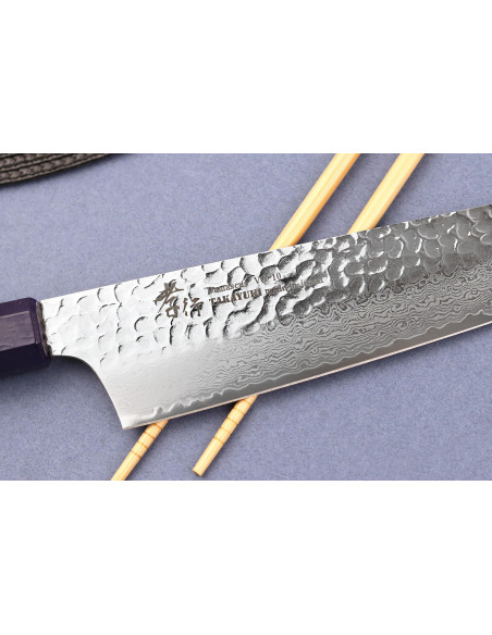 Faca japonesa kiritsuke Sakai Takayuki Kashi Urushi VG10 com cabo azul damasco de 19 cm