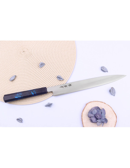 Japanisches Yanagiba-Messer 27cm Sakai Takayuki Nanairo Griff aus blau lackiertem Harz