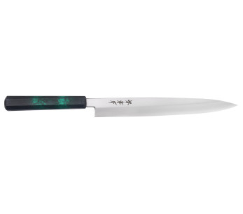 Cuchillo japonés yanagiba Sakai Takayuki Nanairo 27cm Mango de resina lacado en verde