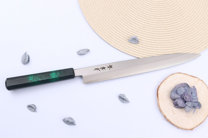 Sakai Takayuki Nanairo Faca japonesa yanagiba de 27 cm Cabo de resina lacado a verde