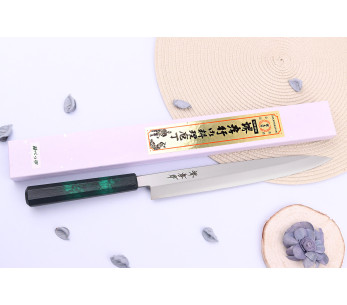 Cuchillo japonés yanagiba Sakai Takayuki Nanairo 27cm Mango de resina lacado en verde 2