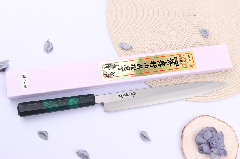 Sakai Takayuki Nanairo 27cm japansk yanagibakniv Grönt lackerat hartshandtag