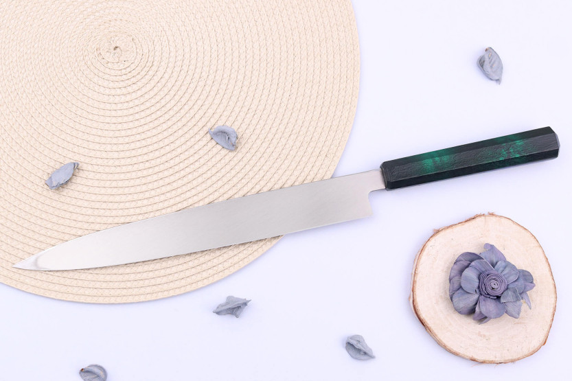 Sakai Takayuki Nanairo 27cm Japanese yanagiba knife Green lacquered resin handle