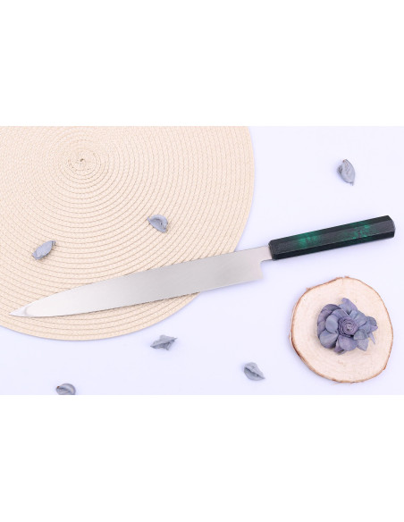 Sakai Takayuki Nanairo 27cm Japanese yanagiba knife Green lacquered resin handle