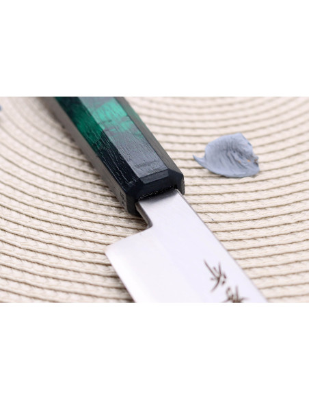 Cuchillo japonés yanagiba Sakai Takayuki Nanairo 27cm Mango de resina lacado en verde