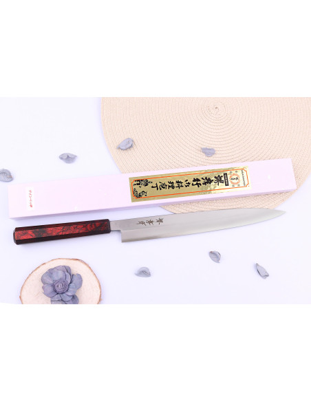 Sakai Takayuki Nanairo 27cm japansk yanagibakniv med rödlackerat hartshandtag