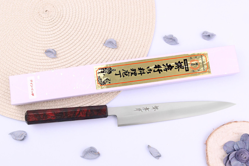 Japanisches Yanagiba-Messer 21cm Sakai Takayuki Nanairo Griff aus rot lackiertem Harz