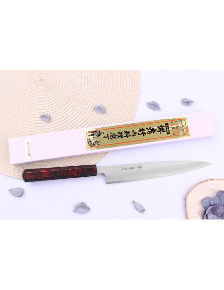 Sakai Takayuki Nanairo 21cm Japanese yanagiba knife Red lacquered resin handle