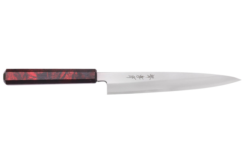 Japanisches Yanagiba-Messer 21cm Sakai Takayuki Nanairo Griff aus rot lackiertem Harz
